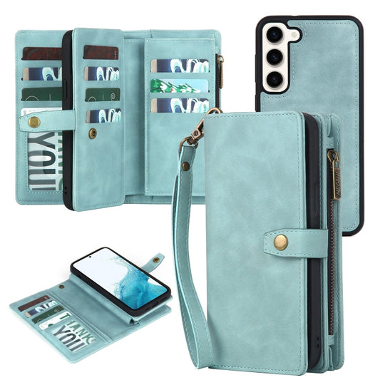 Pour Samsung Galaxy S22 5G Portefeuille à fermeture éclair Étui de téléphone en cuir MagSafe détachable (Bleu)