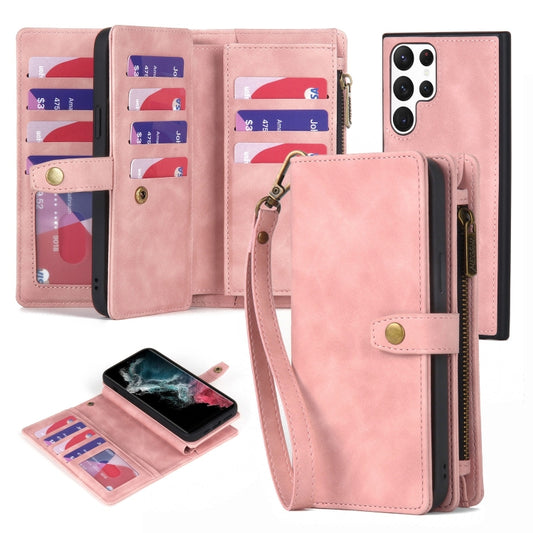 For Samsung Galaxy S22 Ultra 5G Zipper Wallet Magnetic Detachable Leather Phone Case(Pink) - Galaxy S22 Ultra 5G Cases by buy2fix | Online Shopping UK | buy2fix