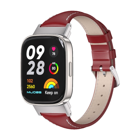For Redmi Watch 3 Mijobs Genuine Leather Slim Watch Band(Red Silver) - Watch Bands by MIJOBS | Online Shopping UK | buy2fix