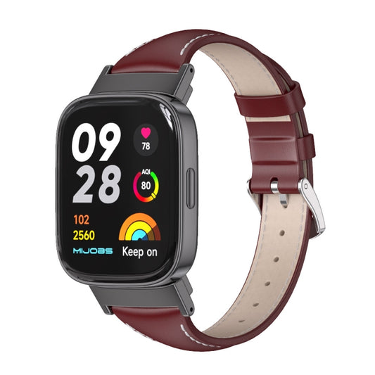 For Redmi Watch 3 Mijobs Genuine Leather Slim Watch Band(Wine Red Black) - Watch Bands by MIJOBS | Online Shopping UK | buy2fix