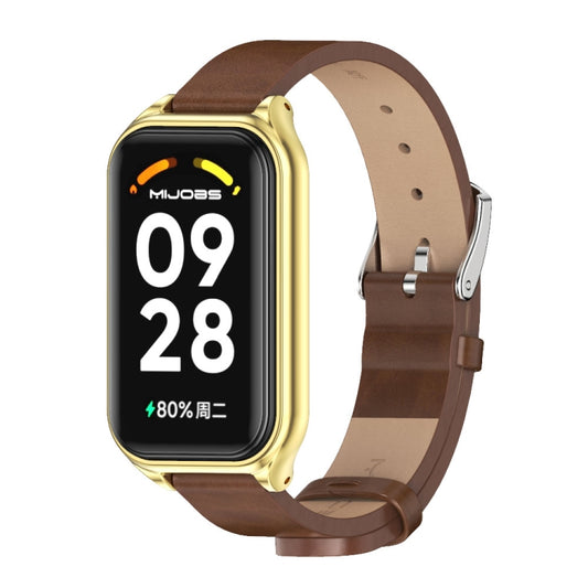 For Xiaomi Smart Band 8 Active / Redmi Band 2 Mijobs Metal Shell Microfiber PU Leather Watch Band(Brown Gold) - Watch Bands by MIJOBS | Online Shopping UK | buy2fix