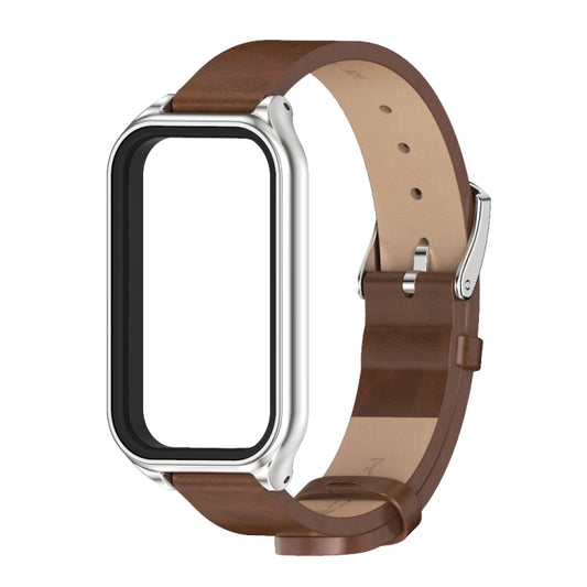 For Xiaomi Smart Band 8 Active / Redmi Band 2 Mijobs Metal Shell Microfiber PU Leather Watch Band(Brown Silver) - Watch Bands by MIJOBS | Online Shopping UK | buy2fix