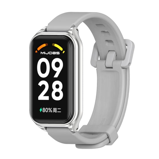 For Xiaomi Smart Band 8 Active / Redmi Band 2 Mijobs Metal Shell Silicone Watch Band(Grey Silver)