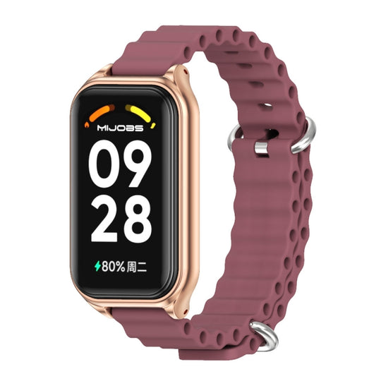 For Xiaomi Smart Band 8 Active / Redmi Band 2 Mijobs Metal Shell Ocean Silicone Watch Band(Wine Red Rose Gold)