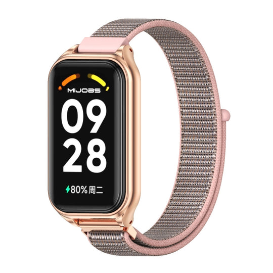 For Xiaomi Smart Band 8 Active / Redmi Band 2 Mijobs Metal Shell Breathable Nylon Loop Watch Band(Pink Rose Gold)