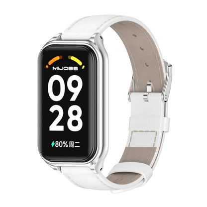 For Xiaomi Smart Band 8 Active / Redmi Band 2 Mijobs Metal Shell Genuine Leather Watch Band(White Silver) - Watch Bands by MIJOBS | Online Shopping UK | buy2fix
