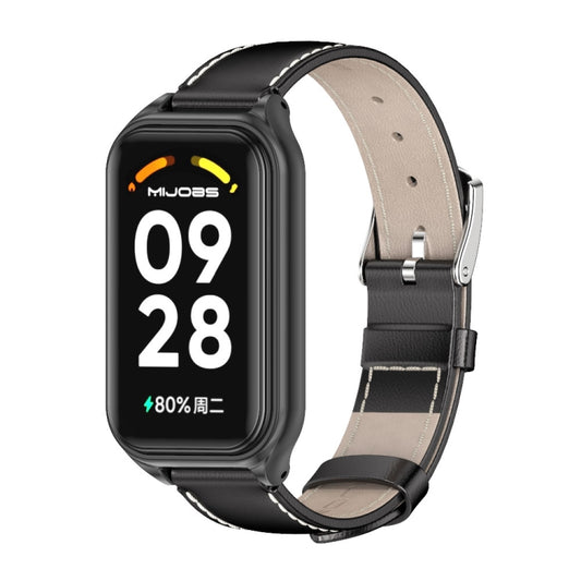 For Xiaomi Smart Band 8 Active / Redmi Band 2 Mijobs Metal Shell Genuine Leather Watch Band(Black) - Watch Bands by MIJOBS | Online Shopping UK | buy2fix
