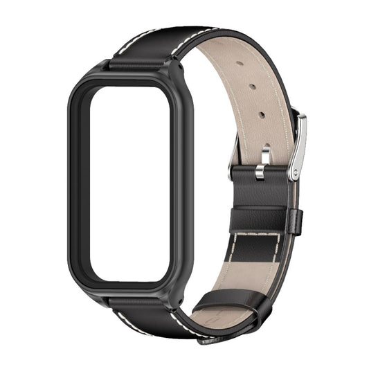 For Xiaomi Smart Band 8 Active / Redmi Band 2 Mijobs Metal Shell Genuine Leather Watch Band(Black) - Watch Bands by MIJOBS | Online Shopping UK | buy2fix