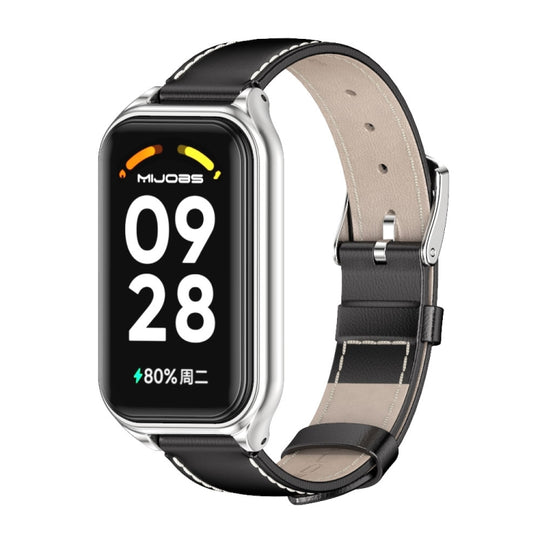 For Xiaomi Smart Band 8 Active / Redmi Band 2 Mijobs Metal Shell Genuine Leather Watch Band(Black Silver)