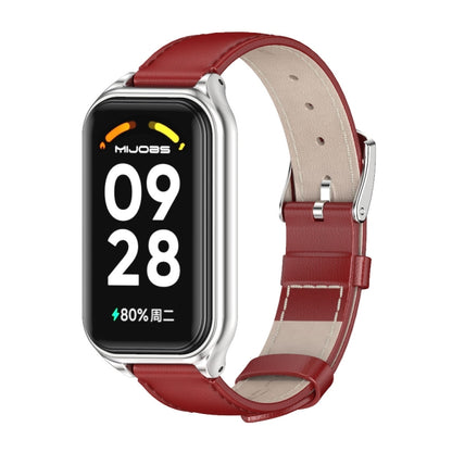 For Xiaomi Smart Band 8 Active / Redmi Band 2 Mijobs Metal Shell Genuine Leather Watch Band(Red Silver) - Watch Bands by MIJOBS | Online Shopping UK | buy2fix
