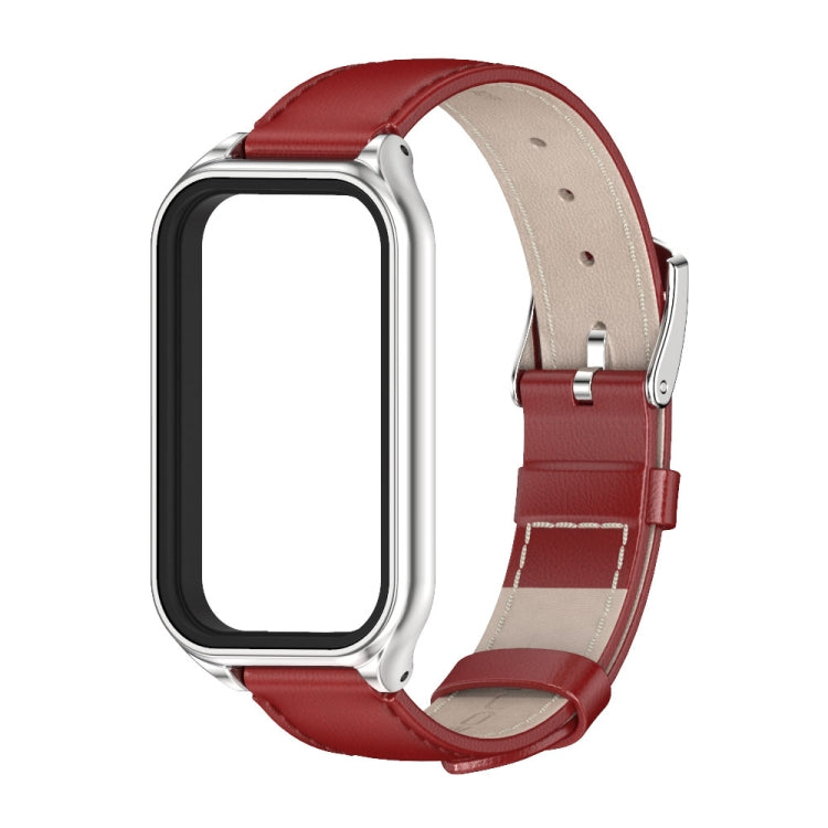 For Xiaomi Smart Band 8 Active / Redmi Band 2 Mijobs Metal Shell Genuine Leather Watch Band(Red Silver) - Watch Bands by MIJOBS | Online Shopping UK | buy2fix