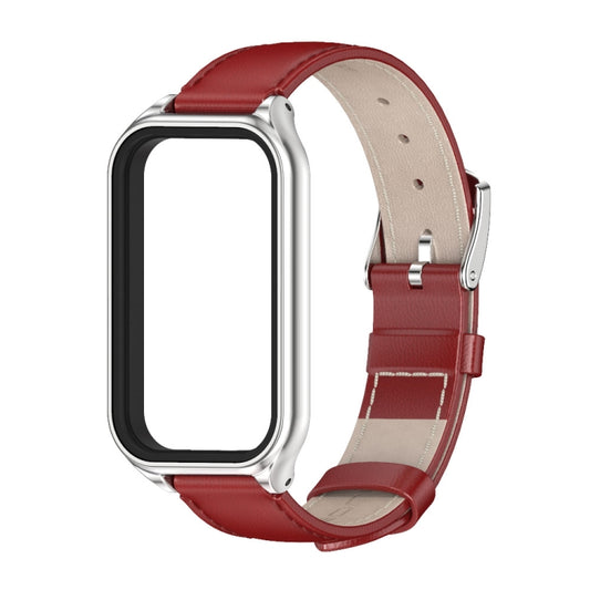 For Xiaomi Smart Band 8 Active / Redmi Band 2 Mijobs Metal Shell Genuine Leather Watch Band(Red Silver) - Watch Bands by MIJOBS | Online Shopping UK | buy2fix