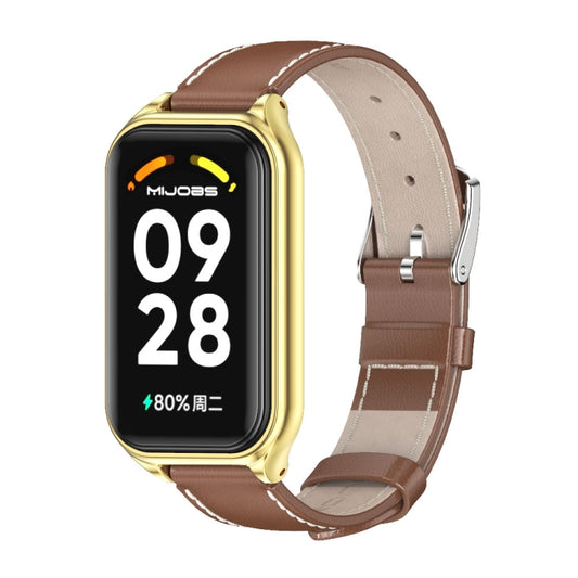 For Xiaomi Smart Band 8 Active / Redmi Band 2 Mijobs Metal Shell Genuine Leather Watch Band(Brown Gold) - Watch Bands by MIJOBS | Online Shopping UK | buy2fix