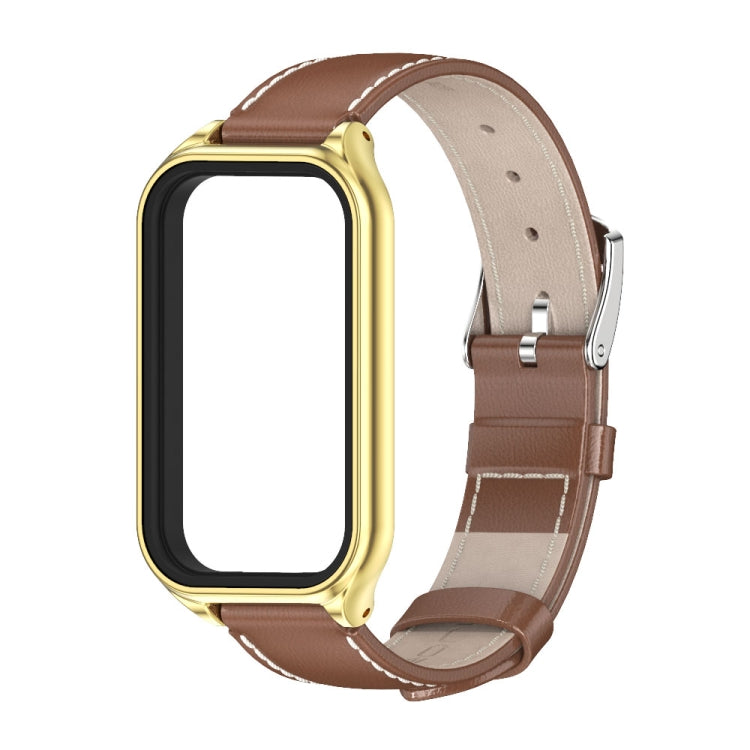 For Xiaomi Smart Band 8 Active / Redmi Band 2 Mijobs Metal Shell Genuine Leather Watch Band(Brown Gold) - Watch Bands by MIJOBS | Online Shopping UK | buy2fix