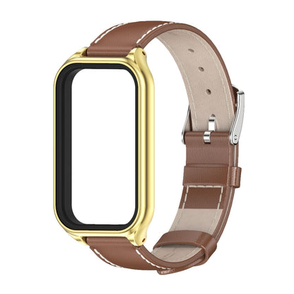 For Xiaomi Smart Band 8 Active / Redmi Band 2 Mijobs Metal Shell Genuine Leather Watch Band(Brown Gold) - Watch Bands by MIJOBS | Online Shopping UK | buy2fix