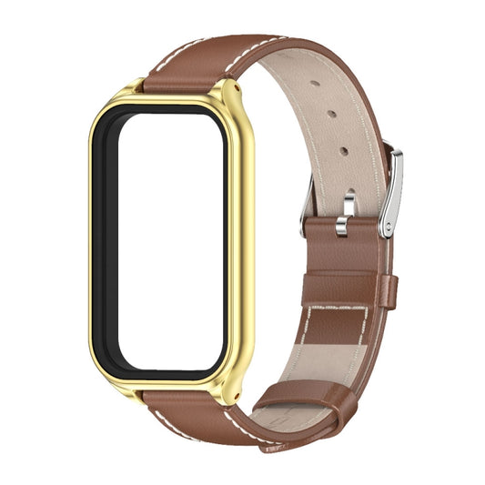 For Xiaomi Smart Band 8 Active / Redmi Band 2 Mijobs Metal Shell Genuine Leather Watch Band(Brown Gold) - Watch Bands by MIJOBS | Online Shopping UK | buy2fix
