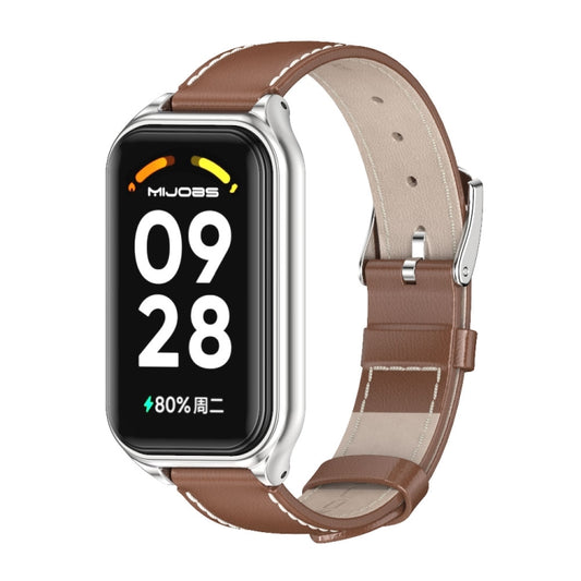 For Xiaomi Smart Band 8 Active / Redmi Band 2 Mijobs Metal Shell Genuine Leather Watch Band(Brown Silver) - Watch Bands by MIJOBS | Online Shopping UK | buy2fix