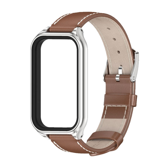 For Xiaomi Smart Band 8 Active / Redmi Band 2 Mijobs Metal Shell Genuine Leather Watch Band(Brown Silver) - Watch Bands by MIJOBS | Online Shopping UK | buy2fix