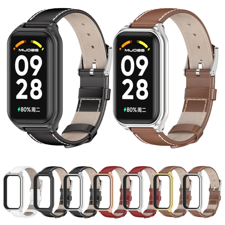For Xiaomi Smart Band 8 Active / Redmi Band 2 Mijobs Metal Shell Genuine Leather Watch Band(Red Silver) - Watch Bands by MIJOBS | Online Shopping UK | buy2fix