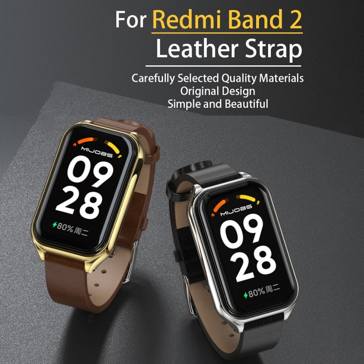 For Xiaomi Smart Band 8 Active / Redmi Band 2 Mijobs Metal Shell Genuine Leather Watch Band(Red Silver) - Watch Bands by MIJOBS | Online Shopping UK | buy2fix