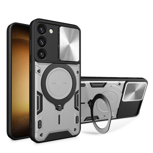 For Samsung Galaxy S23 5G CD Texture Sliding Camshield Magnetic Holder Phone Case(Silver) - Galaxy S23 5G Cases by buy2fix | Online Shopping UK | buy2fix
