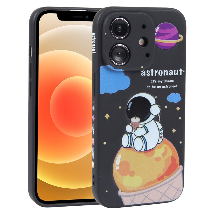 For iPhone 12 Milk Tea Astronaut Pattern Liquid Silicone Phone Case(Ivory Black) by buy2fix