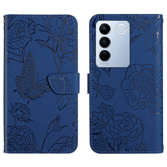 For vivo V27E 4G Global HT03 Skin Feel Butterfly Embossed Flip Leather Phone Case(Blue) - vivo Cases by buy2fix | Online Shopping UK | buy2fix