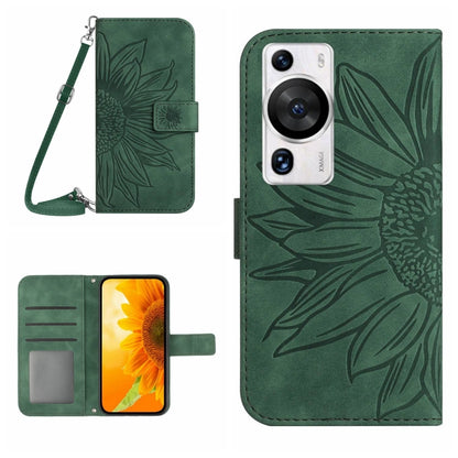 For Huawei P60 Pro Skin Feel Sun Flower Embossed Flip Leather Phone Case with Lanyard(Green) by buy2fix