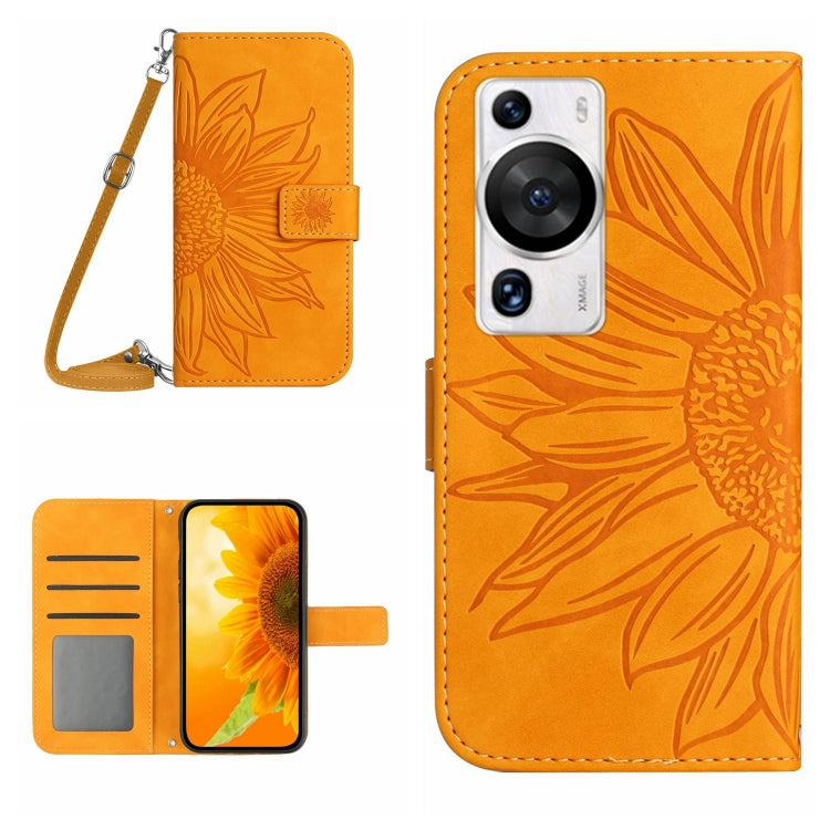 For Huawei P60 Pro Skin Feel Sun Flower Embossed Flip Leather Phone Case with Lanyard(Yellow) by buy2fix