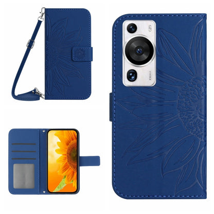 For Huawei P60 Pro Skin Feel Sun Flower Embossed Flip Leather Phone Case with Lanyard(Dark Blue) by buy2fix