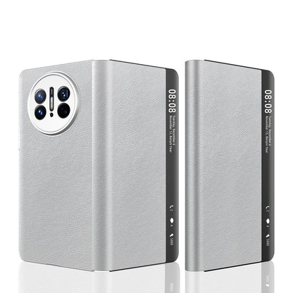 For Huawei Mate X3 Retro Magnetic Side Window View Leather Smart Phone Case(Silver) - Huawei Cases by buy2fix | Online Shopping UK | buy2fix