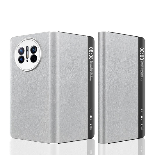 For Huawei Mate X3 Retro Magnetic Side Window View Leather Smart Phone Case(Silver) - Huawei Cases by buy2fix | Online Shopping UK | buy2fix
