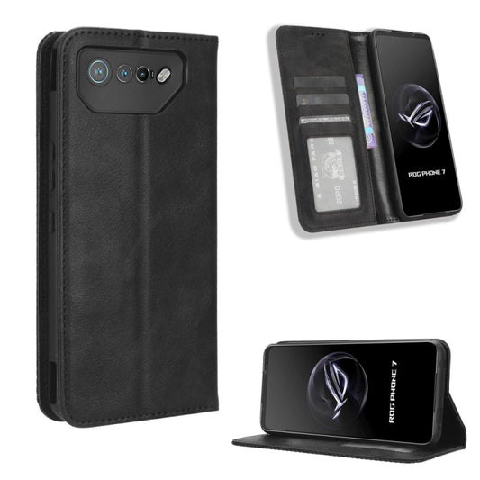 For ASUS ROG Phone 7 Magnetic Buckle Retro Texture Leather Phone Case(Black) - ASUS Cases by buy2fix | Online Shopping UK | buy2fix