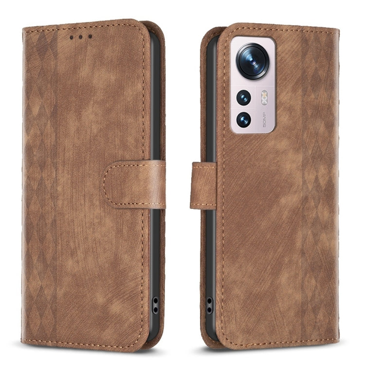 For Xiaomi 12 Plaid Embossed Leather Phone Case(Brown) by buy2fix