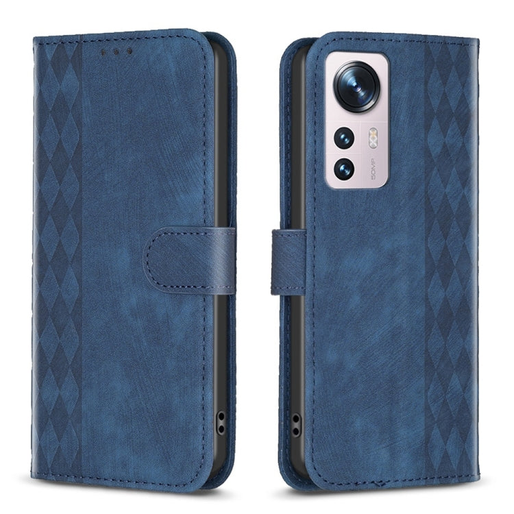 For Xiaomi 12 Plaid Embossed Leather Phone Case(Blue) by buy2fix
