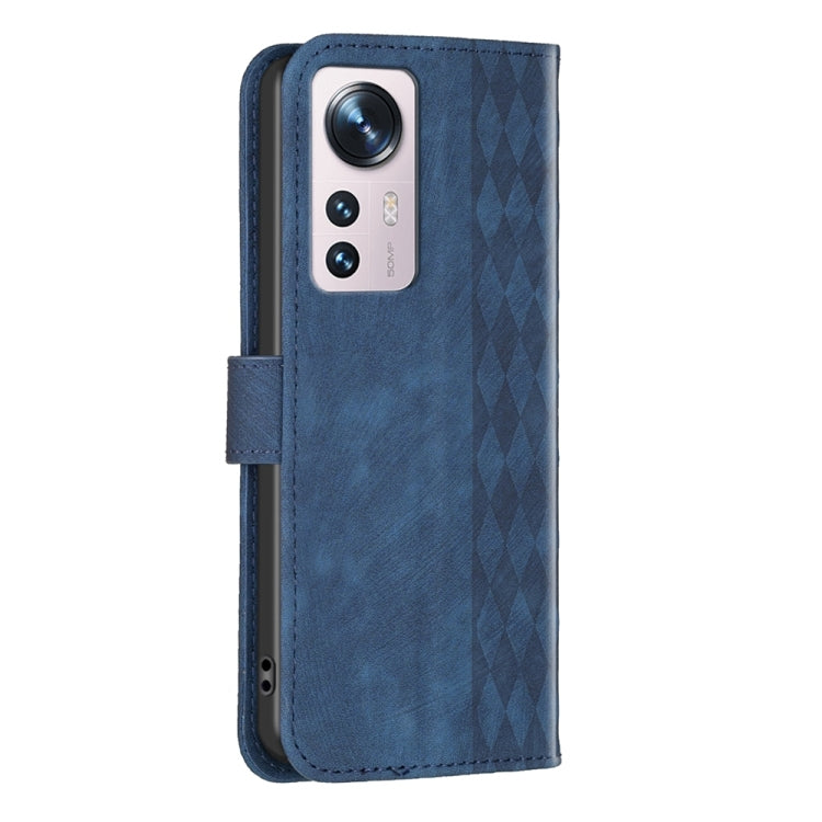For Xiaomi 12 Plaid Embossed Leather Phone Case(Blue) by buy2fix
