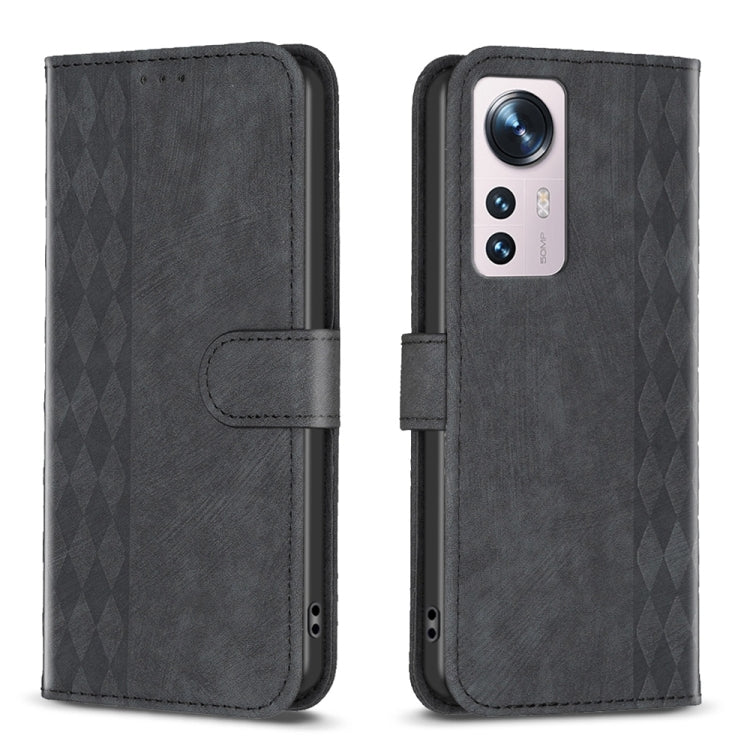 For Xiaomi 12 Plaid Embossed Leather Phone Case(Black) by buy2fix