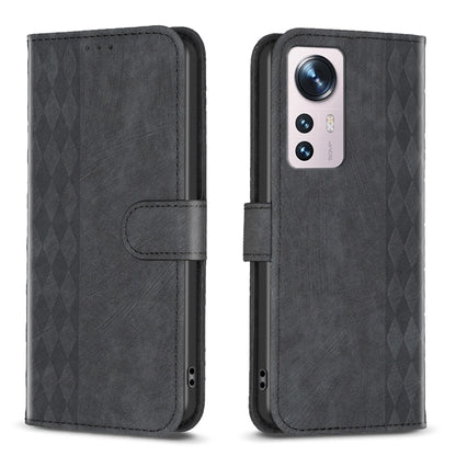 For Xiaomi 12 Plaid Embossed Leather Phone Case(Black) by buy2fix
