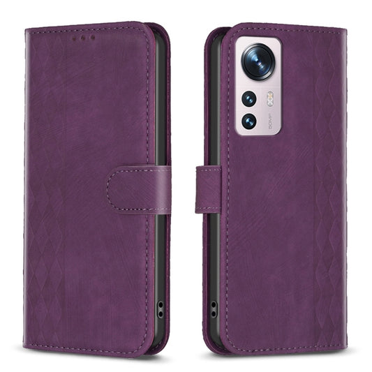 For Xiaomi 12 Plaid Embossed Leather Phone Case(Purple) by buy2fix