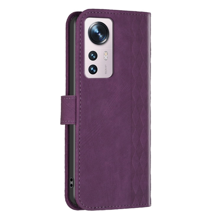 For Xiaomi 12 Plaid Embossed Leather Phone Case(Purple) by buy2fix