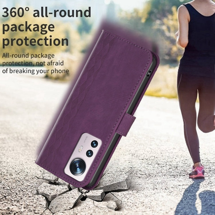 For Xiaomi 12 Plaid Embossed Leather Phone Case(Purple) by buy2fix