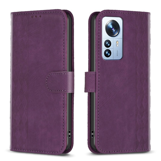 For Xiaomi 12 Pro Plaid Embossed Leather Phone Case(Purple) - Xiaomi Cases by buy2fix | Online Shopping UK | buy2fix
