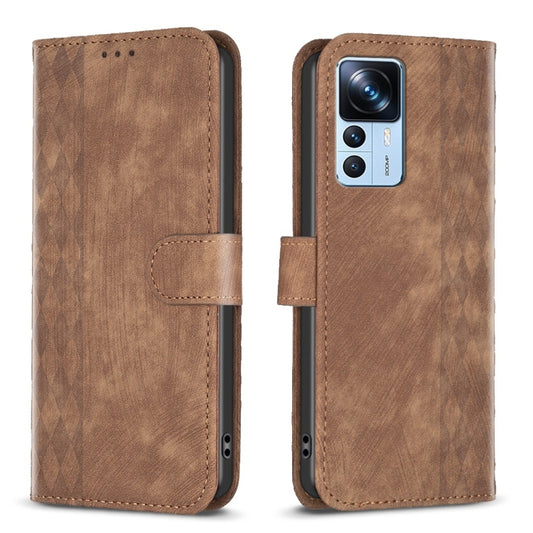 For Xiaomi 12T / 12T Pro Plaid Embossed Leather Phone Case(Brown) by buy2fix