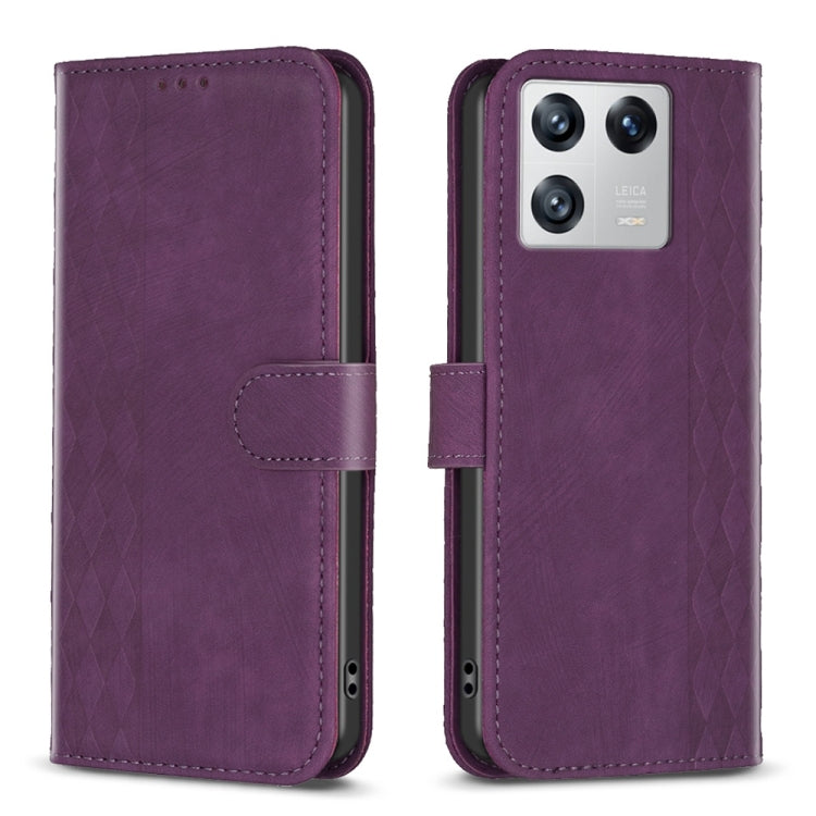 For Xiaomi 13 Plaid Embossed Leather Phone Case(Purple) - Xiaomi Cases by buy2fix | Online Shopping UK | buy2fix