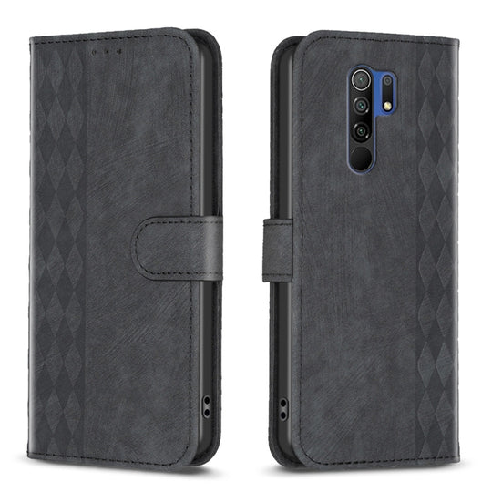 Pour Xiaomi Redmi 9 Étui de téléphone en cuir gaufré à carreaux (Noir)