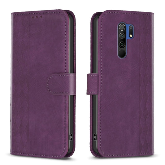 For Xiaomi Redmi 9 Plaid Embossed Leather Phone Case(Purple) by buy2fix
