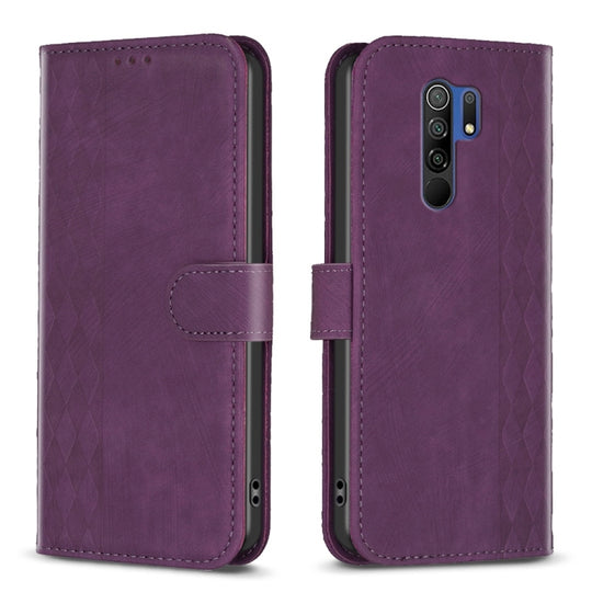 For Xiaomi Redmi 9 Plaid Embossed Leather Phone Case(Purple)