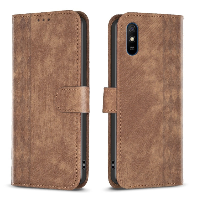 For Xiaomi Redmi 9A Plaid Embossed Leather Phone Case(Brown) by buy2fix