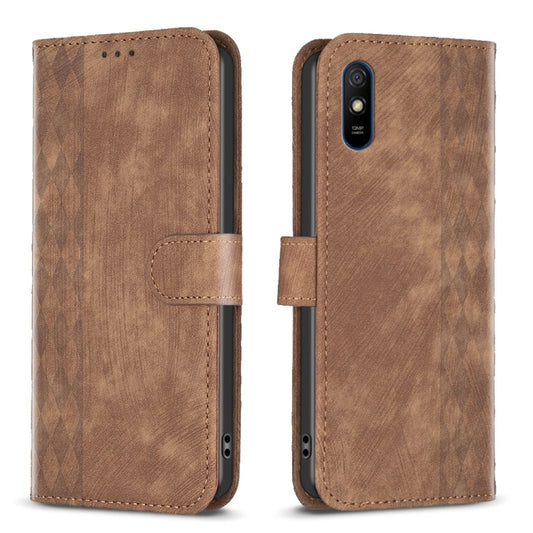 For Xiaomi Redmi 9A Plaid Embossed Leather Phone Case(Brown) by buy2fix