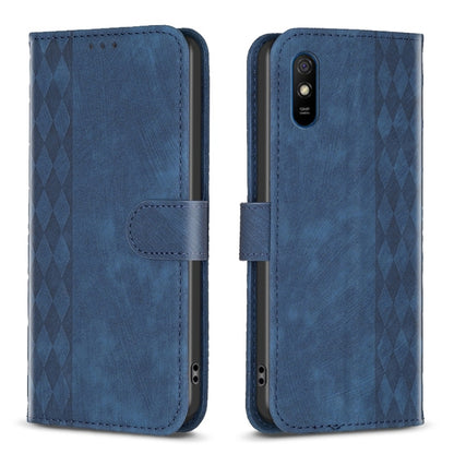 For Xiaomi Redmi 9A Plaid Embossed Leather Phone Case(Blue) by buy2fix